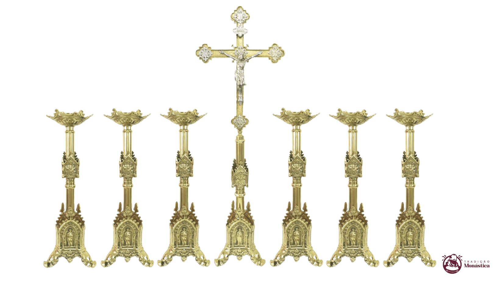 Conjunto de Castiçal e Cruz Gótico em Bronze Conjunto de Castiçal e Cruz Gótico em Bronze